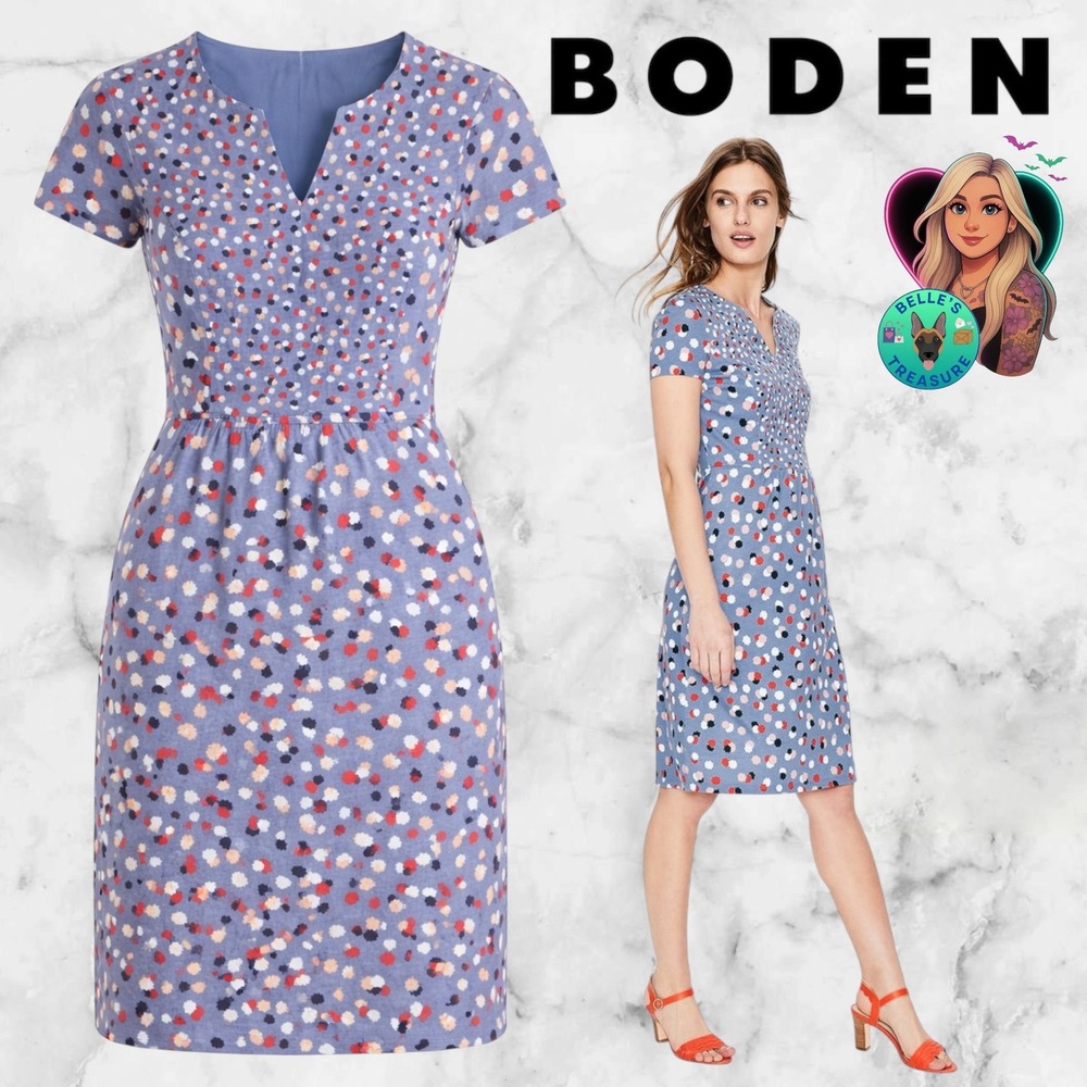 Boden Womens 4 Emory Jersey‎ Dress Blue Confetti Dot V-Neck Short Sleeve Comfort